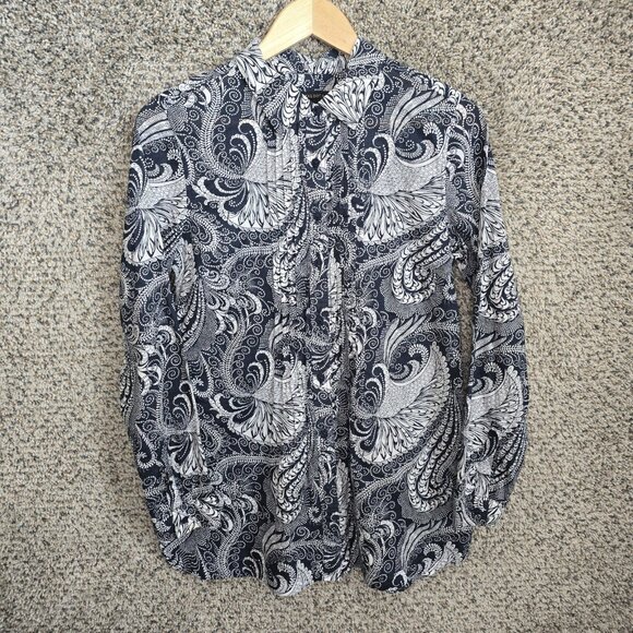 Talbots Top Womens Small Navy Blue Paisley Print Button Up Pintuck Blouse Ladies - Picture 1 of 7